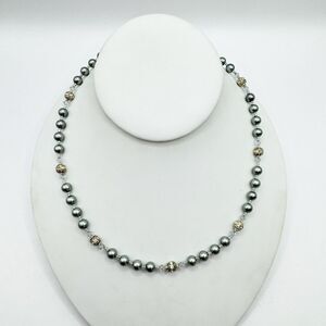 Sterling Silver Gray Faux Pearl Faceted Crystal Beaded Necklace 19.5” Bridal